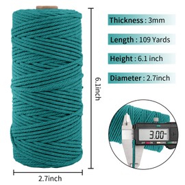 3mm x 109Yards Macrame Cord Thick Natural Cotton Macrame Rope, 4 Strand Twisted Cotton Cord Rope for Soft Macrame Natural Color Handmade Wall Hanging, Plant Hanger, Craft, Knitting, Decorative Project