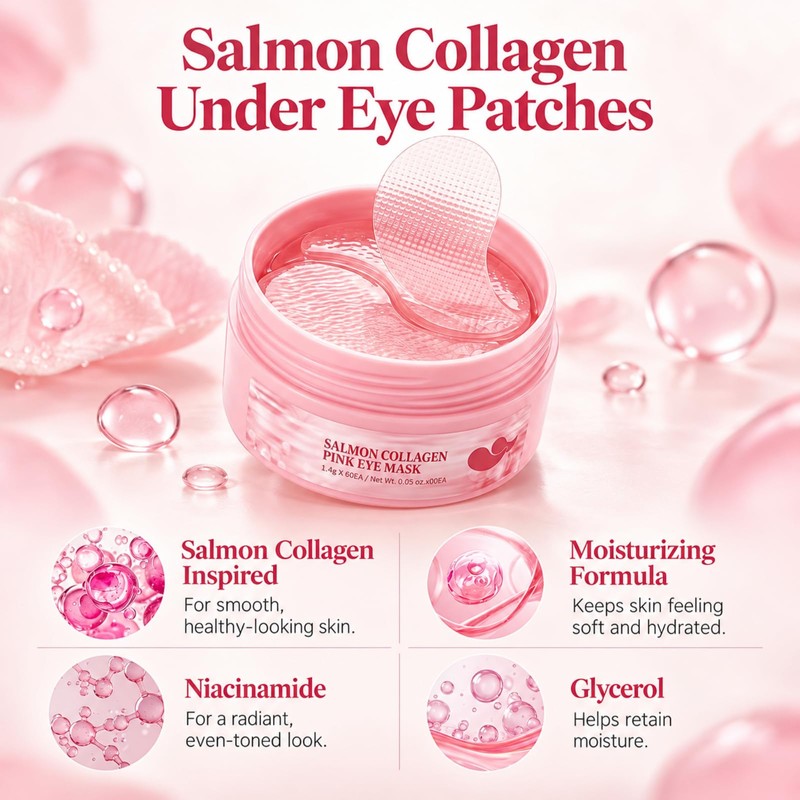 Collagen Eye Patches,Pink Under Eye Mask for Dark Circle, Puffy