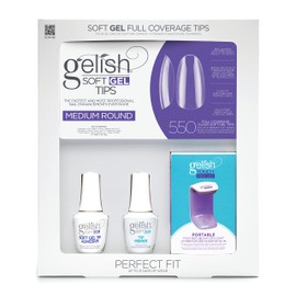 Gelish Soft Gel Intro Kits, Press On Gel Nails, Gel Tips Nail Kit, Full Nail Tips, Nail Kit with featured Mini LED Light, Perfect Kit, Full Coverage Tips. (Medium Round 550 Count Nail Kit, 1 Kit)