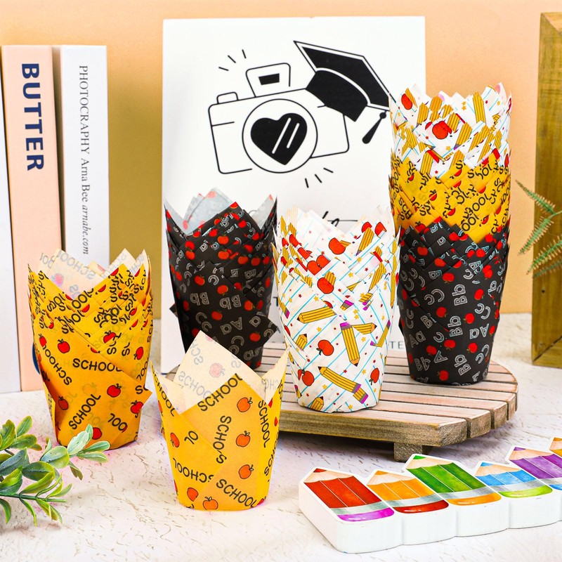Whaline 180Pcs Back to School Tulip Cupcake Liners Muffin Baking