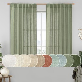 LAMIT Semi Sheer Linen Curtains 45 Inches Long 2 Panels, Sage Green Light Filtering Panels Back Tab and Rod Pocket Neutral Drapes for Kitchen/Window/Bedroom, 52 x 45 Inch