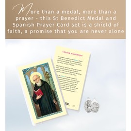Medalla De San Benito - Oracion De San Benito - 1 Inch Made in Italy Saint Benedict Medal, Spanish Laminated St Benedict Prayer Card - St Benedict of Nursia Catholic Medal and Holy Card Set - 2 Items