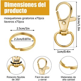 Argollas para Llaveros de 140 Pzs en Aleación de Zinc (Dorado) Kit para Hacer Llavero, Llaveros Mayoreo, Mecanismo Giratorio Seguro, Ideal para Manualidades en Resina