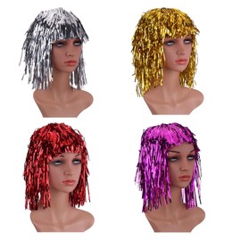 Sumind 4 Pieces Foil Tinsel Wigs Fancy Dress Shiny Party Wig Adults Metallic Cosplay Supplies (Gold, Silver, Red and Pink)