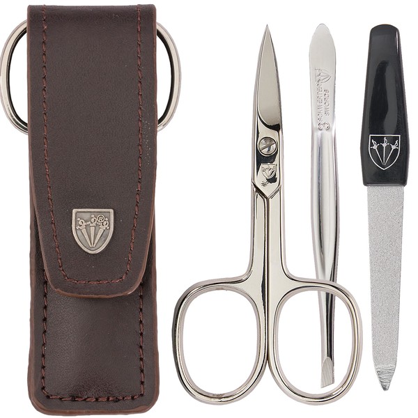 3 Swords Germany - brand quality 3 piece manicure pedicure grooming kit set for professional finger & toe nail care scissors file genuine leather case in gift box, Made by 3 Swords (005243)