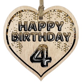 Fun 4th Birthday Gift For Boys Girls Wooden Heart Plaques - Foil Age - 4 - Light Wood Sign Keepsake, Happy Birthday Plaque for Son Daughter Brother Sister Grandson Granddaughter Niece Nephew Cousin