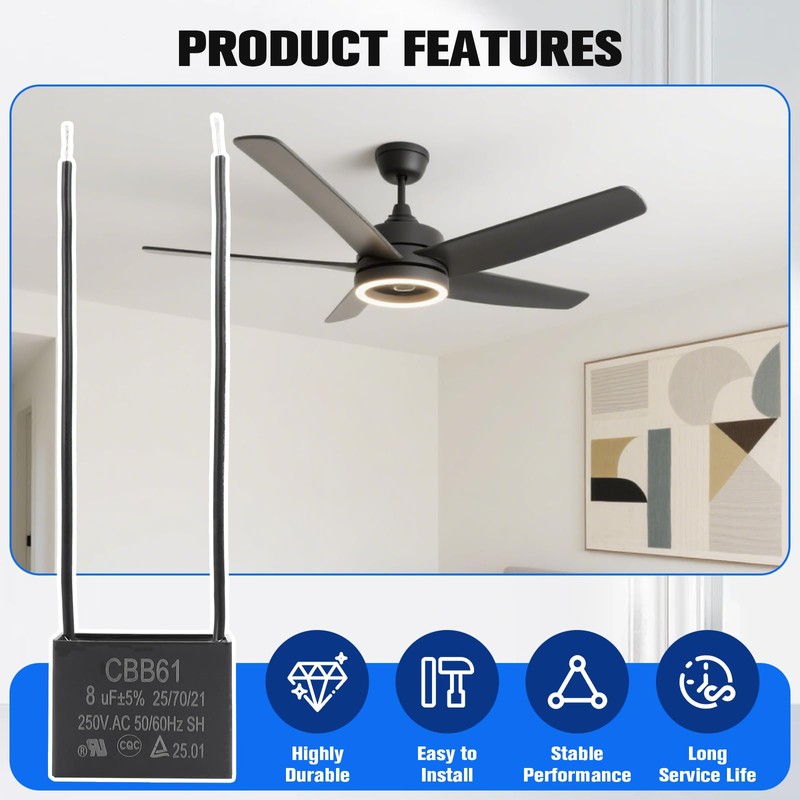 Podoy Ceiling Fan Capacitor CBB61 8uf 2 Wire for Compatible