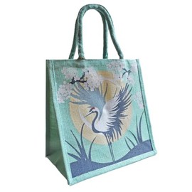Jute Shopping Bag with Crane Design, 30 x 30 x 20 cm, Handle Length 36 cm