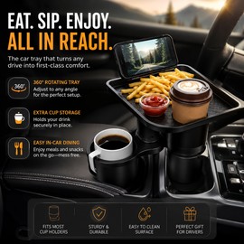 Car Cup Holder Tray for Road Trips – Adjustable Double Drink Holder with 360° Rotating Food Table