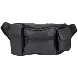 Lambskin Leather Large Waist Bag Multi Function 4 Pocket Fanny Pack for Outdoor Use and Travel With Bottle Holder (Black)