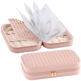 Lolalet Travel Jewelry Organizer, Jewelry Storage Case with Pocket, Earrings Necklaces Bracelets Ring Zippered Storage Pouch for Women -Pink