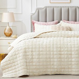 BEDELITE Velvet Quilt Set King Size - Lightweight Luxury Quilted Bedding Set,Soft Cozy Cream White Comforter Set,3 Pieces Oversized Bedspread Coverlet for All Seasons with 2 Pillow Shams
