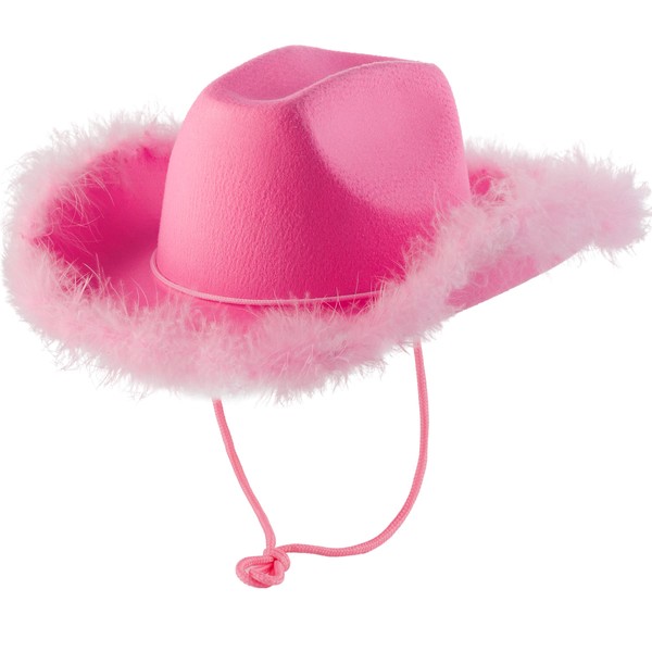 Pink Cowgirl Hat with Feather Boa - Cowboy Hat for Women, Teenage Girls with Fluffy Feather Brim for Bachelorette, Theme Costume Party, Role-Playing Dress-Up, Adult Size
