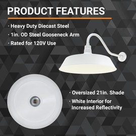 21in. White Oversized Outdoor Gooseneck Barn Light Fixture With 22in. Long Arm - Wall Sconce Farmhouse, Vintage, Antique Style - UL Listed - 9W 900lm A19 LED Bulb (5000K Cool White)