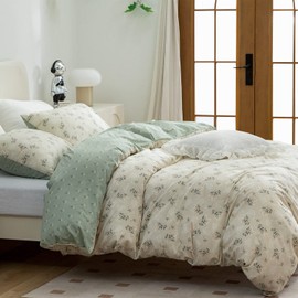 ERZRGA Duvet Cover Floral,100% Cotton Reversible Green Vintage Flower Bedding Sets,Breathable Easy Care with Zipper Closure & Corner 4 Ties(Queen 90 x90)