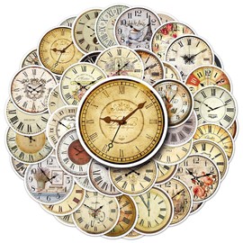 Vintage Clock Stickers-50Pcs Retro Clock Waterproof Vinyl Decals for Adult Teen Kids Cup Water Bottles Laptop Luggage Computer Mobile Phone Guitar Skateboard Decoration