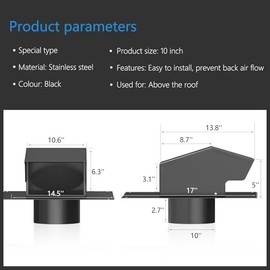 Hon&Guan 10 Inch Roof Exhaust Vent Cap - Heavy Duty Galvanized Steel Roof Vents for Houses, with Damper, for Home Ventilation System - Black