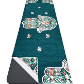 Yoga Mat Towel with Corner Pockets - Microfiber Yoga Towels for Hot Yoga Non Slip Moisture Wicking Sweat Absorbent, Hamsa Yoga Towel Easy for Travel, Use in Hot Yoga, Bikram, Pilates and Fitness