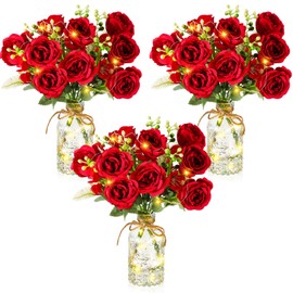 Thiccywoov 3 Sets Artificial Flowers Bouquets in Glass Vase with LED String Lights Artificial Silk Flowers with Glass Vase for Wedding Table Centerpiece Home Office Party Decor(Red)