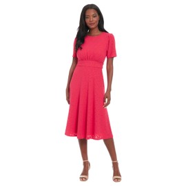London Times Women's Dresses Women's Eyelet Midi A-Line Dress with Puff Sleeves - Gathered Waist Empire Cut - Wedding Guest Dress, Rose Red, 4
