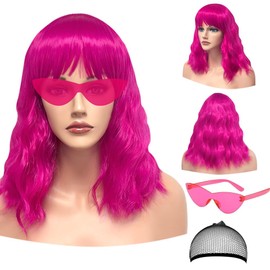 LOHO WONDERZ Wavy Wig and Sunglasses Set - 15 Inch Wavy Wig With Bangs - Heat Resistant Shoulder Length Curly Bob Wigs for Women - Bachelorette Party Costume Cosplay (Rose+Purple)