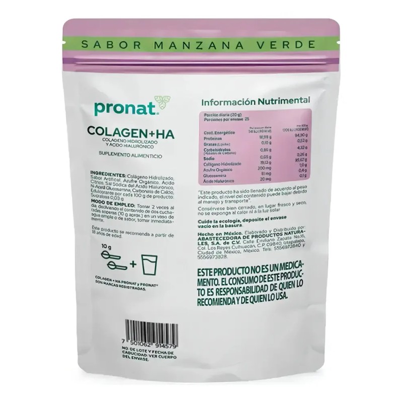 Colágeno Hidrolizado Ácido Hialurónico Pronat 500g Sabor Manzana Verde