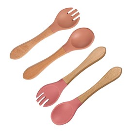 WADY Juego de 4 Cucharas y Tenedores de Silicona para Bebé con Punta Blanda - Utensilios de Alimentación para Niños (Rojo+Naranja)
