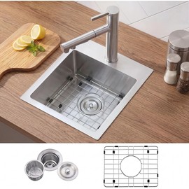 VCCUCINE Drop in Bar Sink, 15x15 Inch Topmount RV Small Kitchen Sink, Handmade Stainless Steel Wet Bar Sink, Outdoor Single Bowl, Brushed Nickel Prep Sink with Accessories