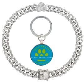 Silver Dog Chain Collar, Walking Diamond Cuban Collar Metal Chain with Secure Buckle, Pet Cuban Crystal Collar Necklace with Pet ID Tags for Small Medium Large Pet