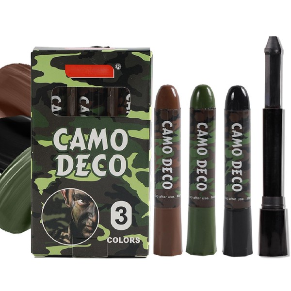 3-Color Camo Face Paint Sticks (Brown, Black, Green), Waterproof Hunting