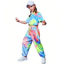 Sayhihi Girls Hip Hop Dance Outfit 80s Streetwear Stage Performance Tracksuit Tie Dye Crop Top Pants Headband 3PCS Set