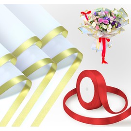 BEALIFOUAM 20 Sheets Flower Wrapping Paper, Waterproof White Red Gift Wrap Paper and 1 Roll 3/4 Inch Red Ribbon for Wedding Party, Florist Supplies Packaging for Bridal Bouquets and Birthday Gift DIY