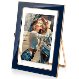 Axeman 4x6 Gold Floating Frame Navy Blue Enamel Picture Frame with Metal Edge for 3.5x5, 2x3 up to 4x6 Photo Double Glass Floating Picture Frame for Desk Tabletop Shelf Vertical Display