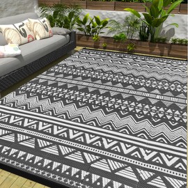 Outdoor Rug 5x7 Waterproof Outdoor Plastic Straw Rugs for Patio Decor, Double Woven Fade Resistant Reversible Porch Rug for Patio Deck Balcony Picnic,Easy Clean, Gray White Stripe Outside RV Camp Mat