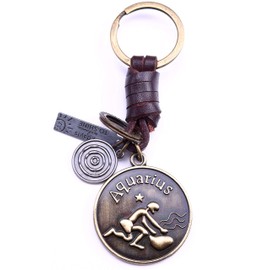 AuPra Aquarius Zodiac Leather Keyring Best Friend Gift Idea Women & Men Safe House Keychain Horoscope Simbol Charm Girl & Boy Friendship Small Present Car Key Ring Pendant