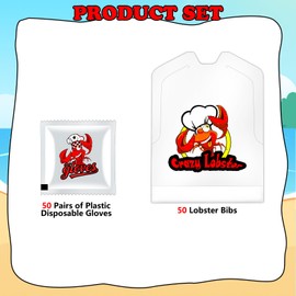 Artcome Lobster Bibs and Gloves Set – 50 Crab Bibs and 50 Pairs of Disposable Plastic Gloves for Seafood Dining for Mess-Free Lobster Boils, Crab Feasts, Crawfish Parties & Outdoor Seafood Gatherings