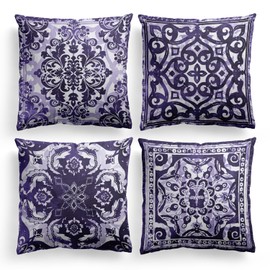 M-Qizi Purple Throw Pillow Covers - Flannel Purple Pillow Covers 18x18 Set of 4, Decorative Purple Pillow Covers, Chinoiserie Pillow Cover, Boho Decor