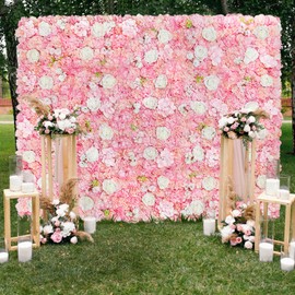 Artificial Flower Wall Panel 5ftx3.74ft Pink Rose Fake Floral Wall Backdrop Wedding Background for Baby Bridal Shower Party Stage Decor