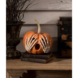 Bethany Lowe Peek-A-Boo Orange Pumpkin with Skeleton Hands Lantern, Paper Pulp