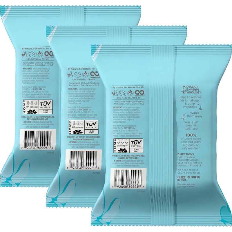 Burt's Bees Micellar Cleansing Towelettes, 30 Count (Pack of 3)