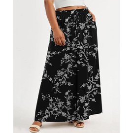 Lastshe Women's Plus Size Pants Wide Leg High Waist Flowy Casual Floral Palazzo Lounge Summer Boho Beach Trousers with Pockets, Black Print, 3X