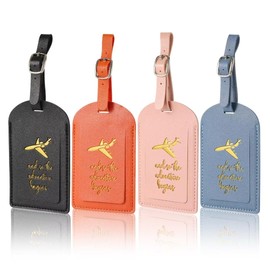 4pcs PU Leather Luggage Tags, Baggage Tag with Adjustable Strap & Privacy Protection Cover Luggage Address Name Tags Suitcase Labels Accessories for Women Men Travel Luggage Backpack Bag(4 Colors)