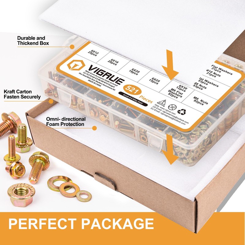 VIGRUE 521PCS M6 M8 M10 Flange Bolts Assortment Kit Metric