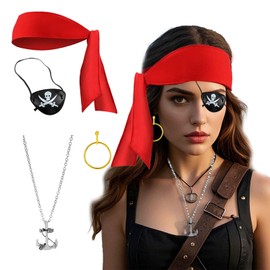 XDGBGFN Pack of 4 Pirate Costume Women's Pirate Accessories Women's Pirate Costume Accessories with Headscarf Patch Necklace Earrings Pirate Costume Women's Accessories for Carnival, Cosplay, red