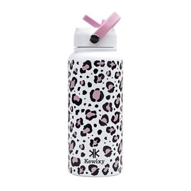 KEWIXY 18oz&32oz Insulated Water Bottle, Flip Straw Lid, Stainless Steel, Leak Proof, 24-hour Cold, Reusable, Portable for Travel, Gym and School Tumbler Mug:_32oz Glossy Pink Leopard
