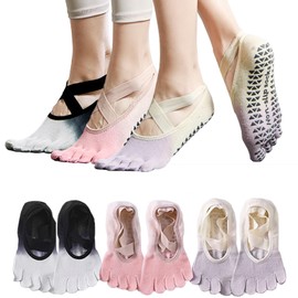 Sunolkie Yoga Socks for Women Non-Slip Grips & Straps,Ideal for Pilates,Five Toes Socks Soft Breathable Yoga Gradient Color Liner Socks Sweat-absorbent Deodorant Anti-friction (3color, 3Pairs)