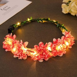 Zoestar LED Flower Crown Headband, Luminous Hair Wreath Headbands, Flower Headpiece for Brides, Festival Garland Hair Accessories for Women (White Plum, Standard Size)