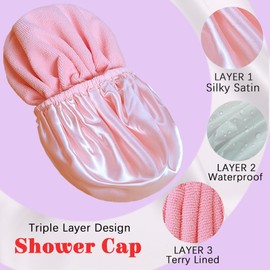 Shower Cap Reusable Waterproof, Terry Lined Shower Caps for Women, Triple Layer Hair Cap for Shower, Large Plastic Shower Cap for Braids Long Hair