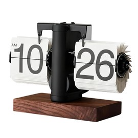 SCOAGE Flip Desk Clock (Wood White), Retro Vintage Auto Flip Down Table Clock, Large Number Mechanical Battery Powered Internal Gear Operated Clocks for Home & Office Decor