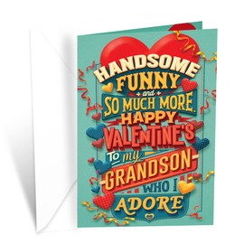 Valentine's Day Card For Grandson, Prime Greetings, Made in America, Eco-Friendly, Thick Card Stock with Premium Envelope 5in x 7.75in, Packaged in Protective Mailer